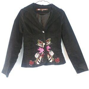 B.B. Jeans Womens Black Corduroy Floral Embroidered Rhinestone Blazer Jacket S